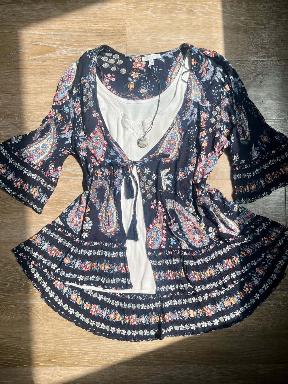 Patrons of Peace Navy Paisley Tie-Front Tunic with Pink & Cream Accents